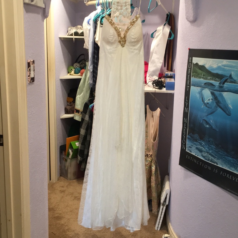 White with gold sequins prom dress